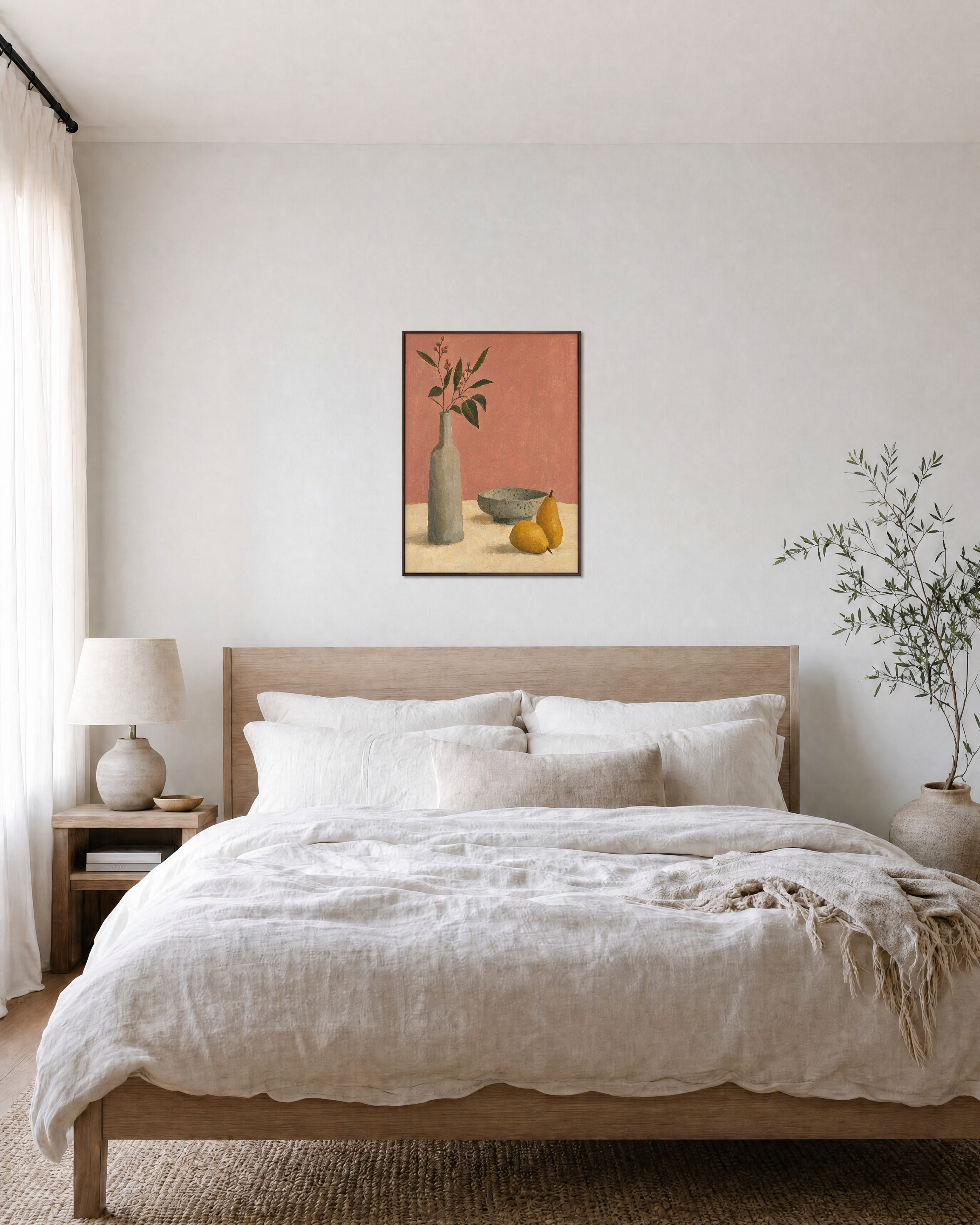 Pitcher and Lemon Press edition unframed print is shown framed for styling in a bedroom; Frame not included