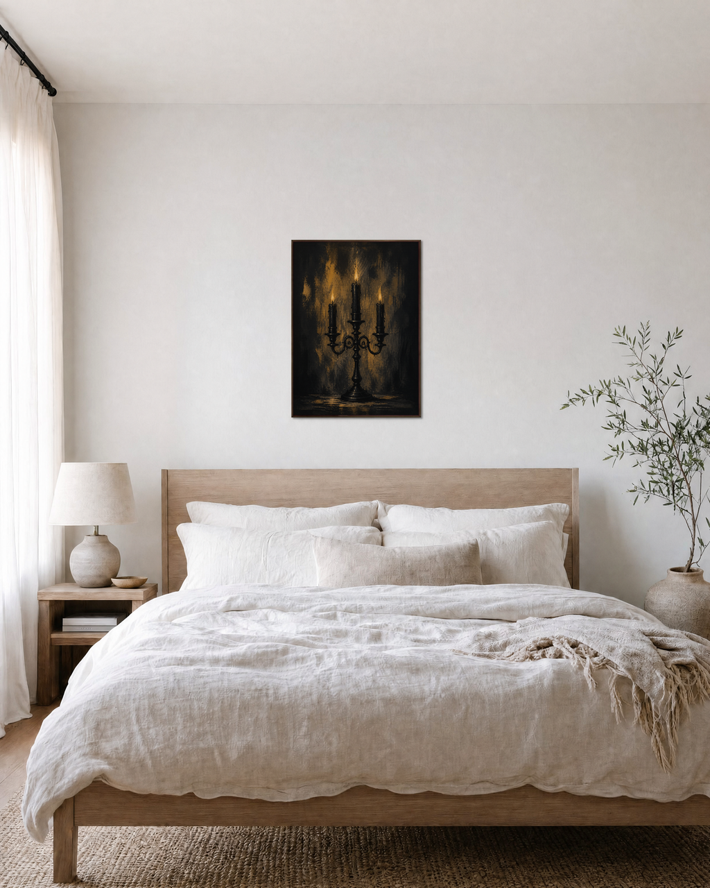Candle Watch dark candelabra print: unframed print is shown framed for styling in a bedroom; frame not included