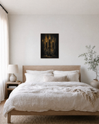 Candle Watch dark candelabra print: unframed print is shown framed for styling in a bedroom; frame not included