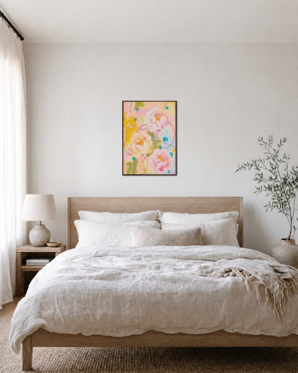 Peony Weather pastel peony wall art: unframed print is shown framed for styling in a bedroom; frame not included