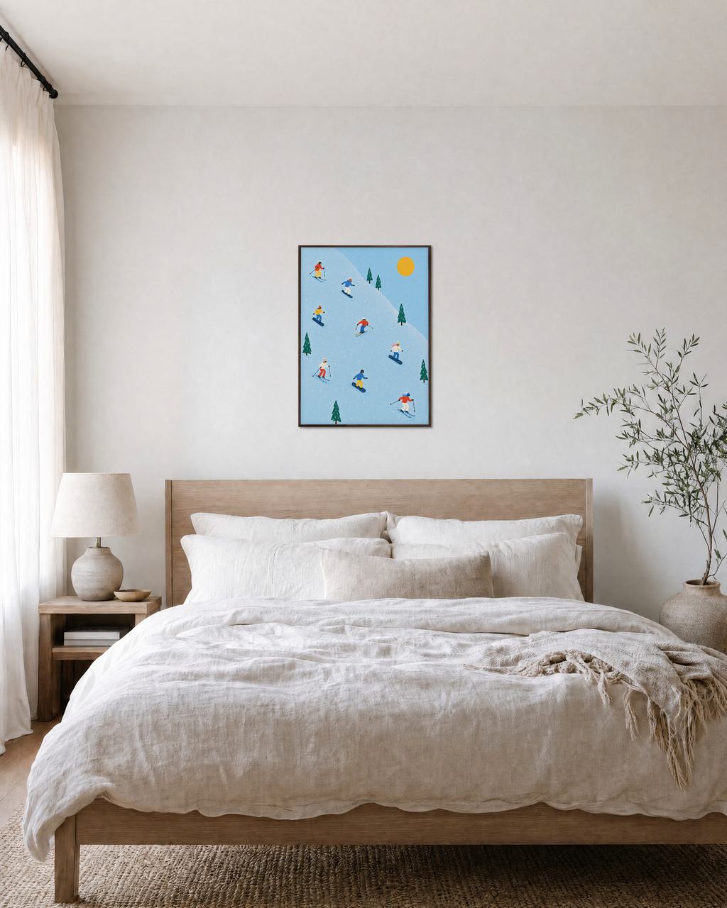 First Run ski snowboard print: unframed print is shown framed for styling in a bedroom; frame not included