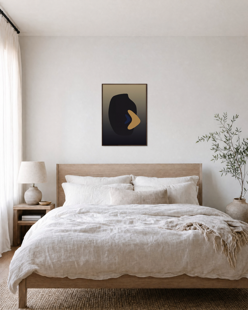 Charcoal Vessel with Mustard black mid century wall art: unframed print is shown framed for styling in a bedroom; frame not included