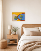 Three Figs Press edition unframed print is shown framed for styling in a bedroom; Frame not included