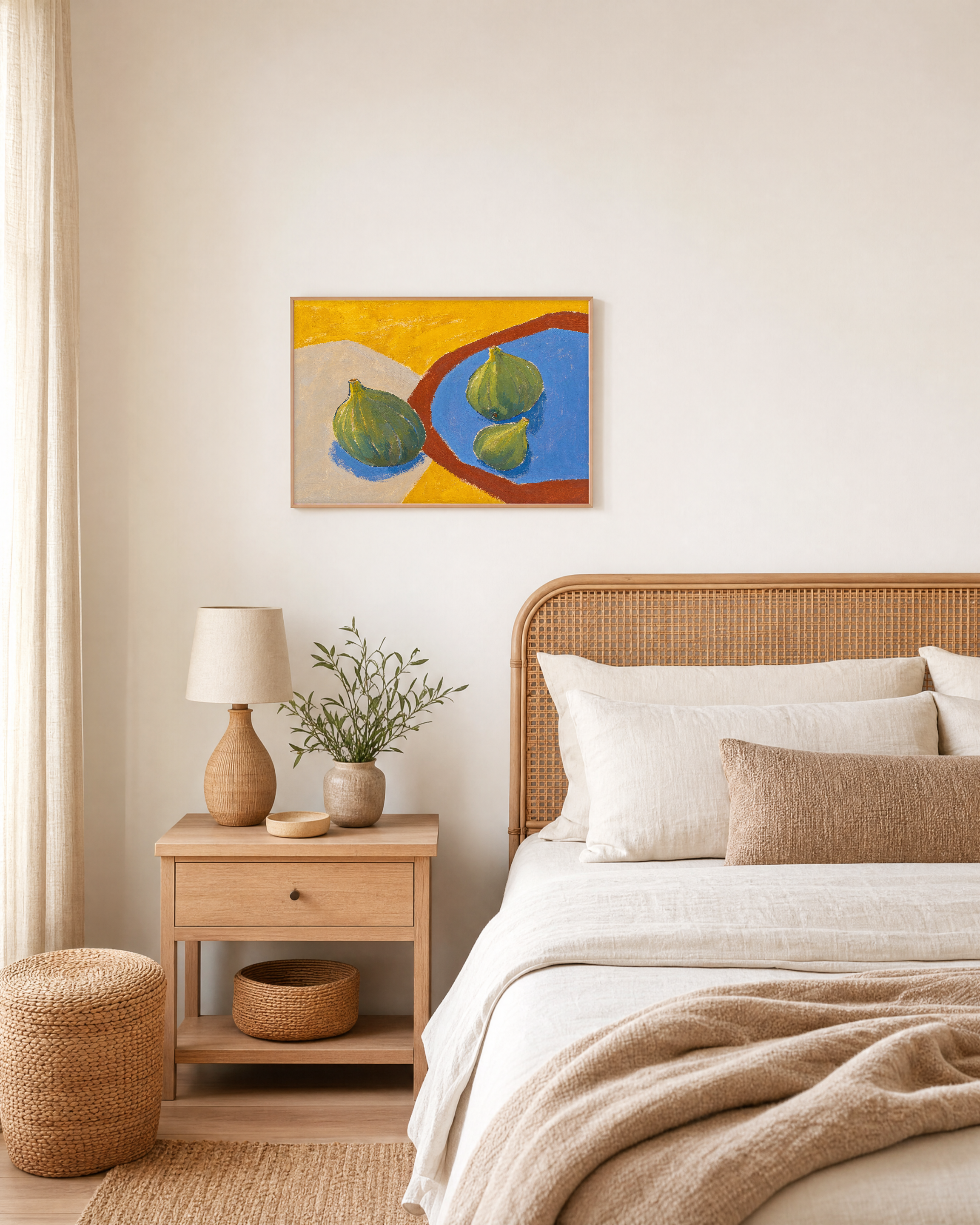 Three Figs Press edition unframed print is shown framed for styling in a bedroom; Frame not included