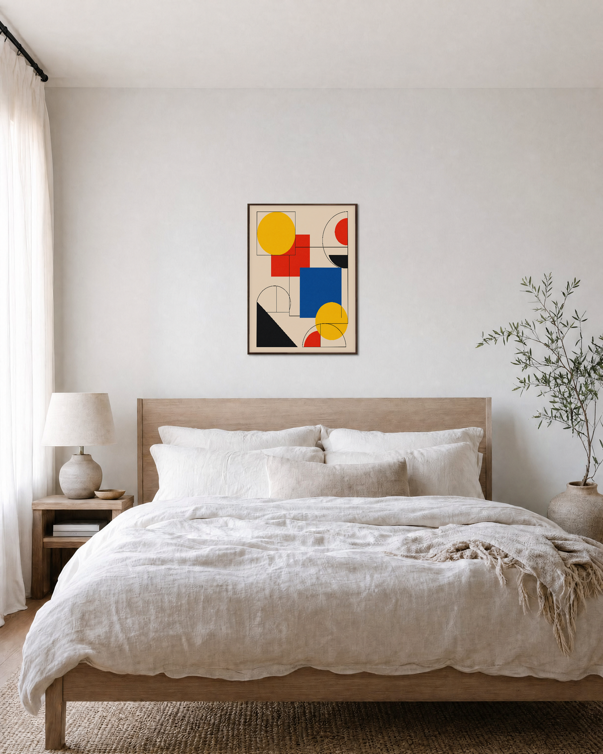 Primary Stack primary shape grid wall art: unframed print is shown framed for styling in a bedroom; frame not included