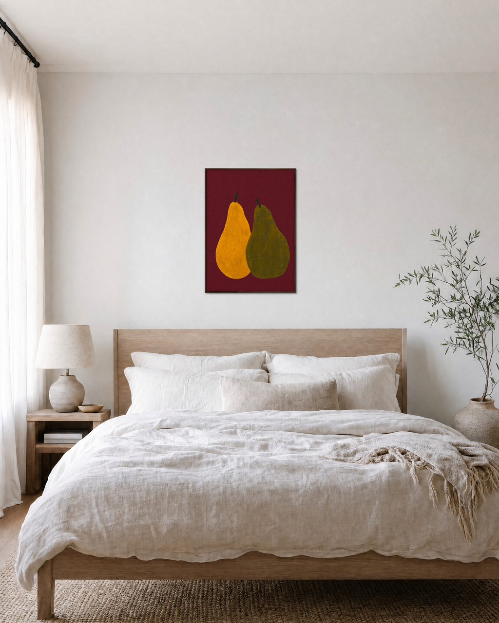 Wine Pears wine pear wall art: unframed print is shown framed for styling in a bedroom; frame not included