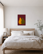 Wine Pears wine pear wall art: unframed print is shown framed for styling in a bedroom; frame not included