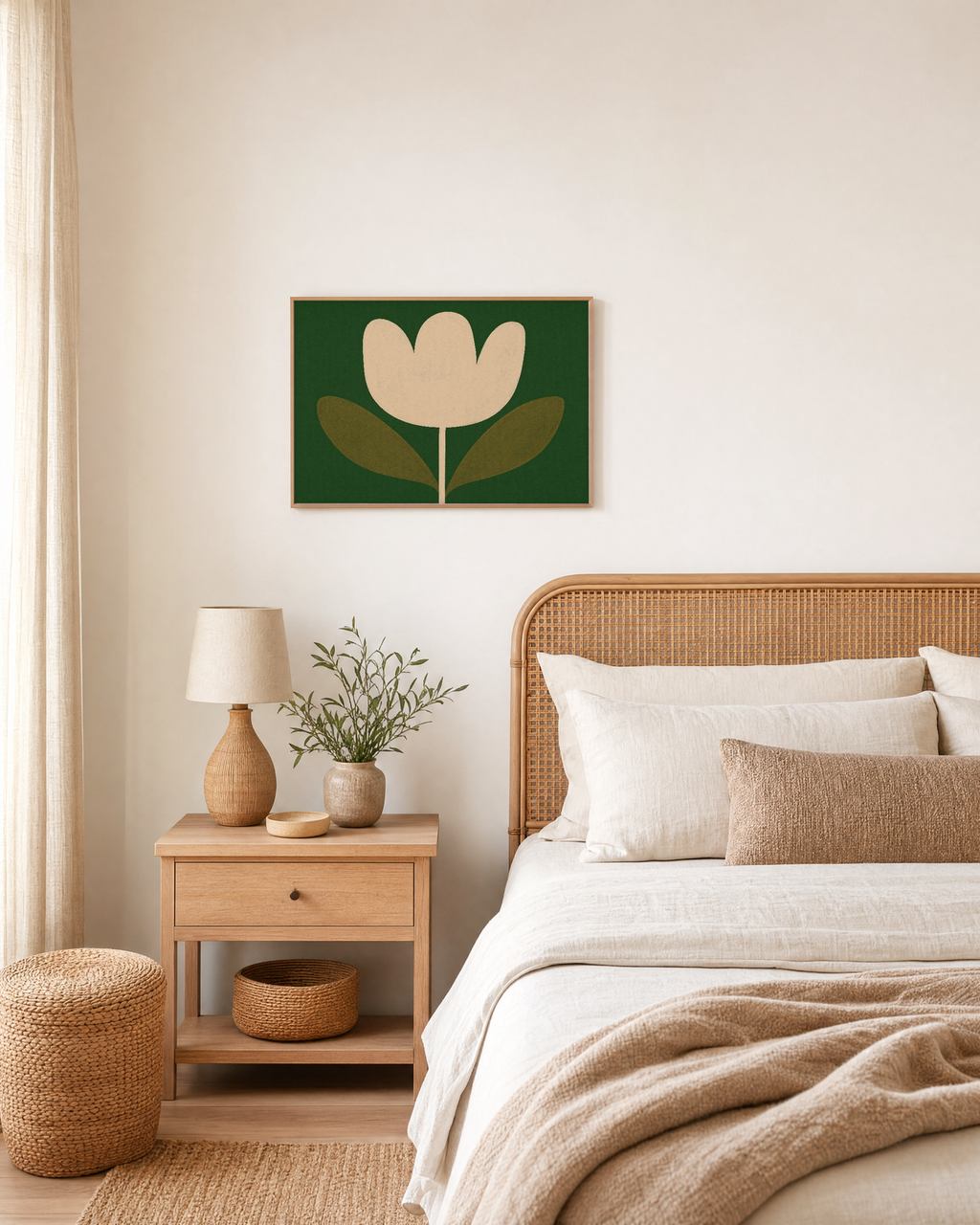 Tulip Hour cream tulip wall art: unframed print is shown framed for styling in a bedroom; frame not included