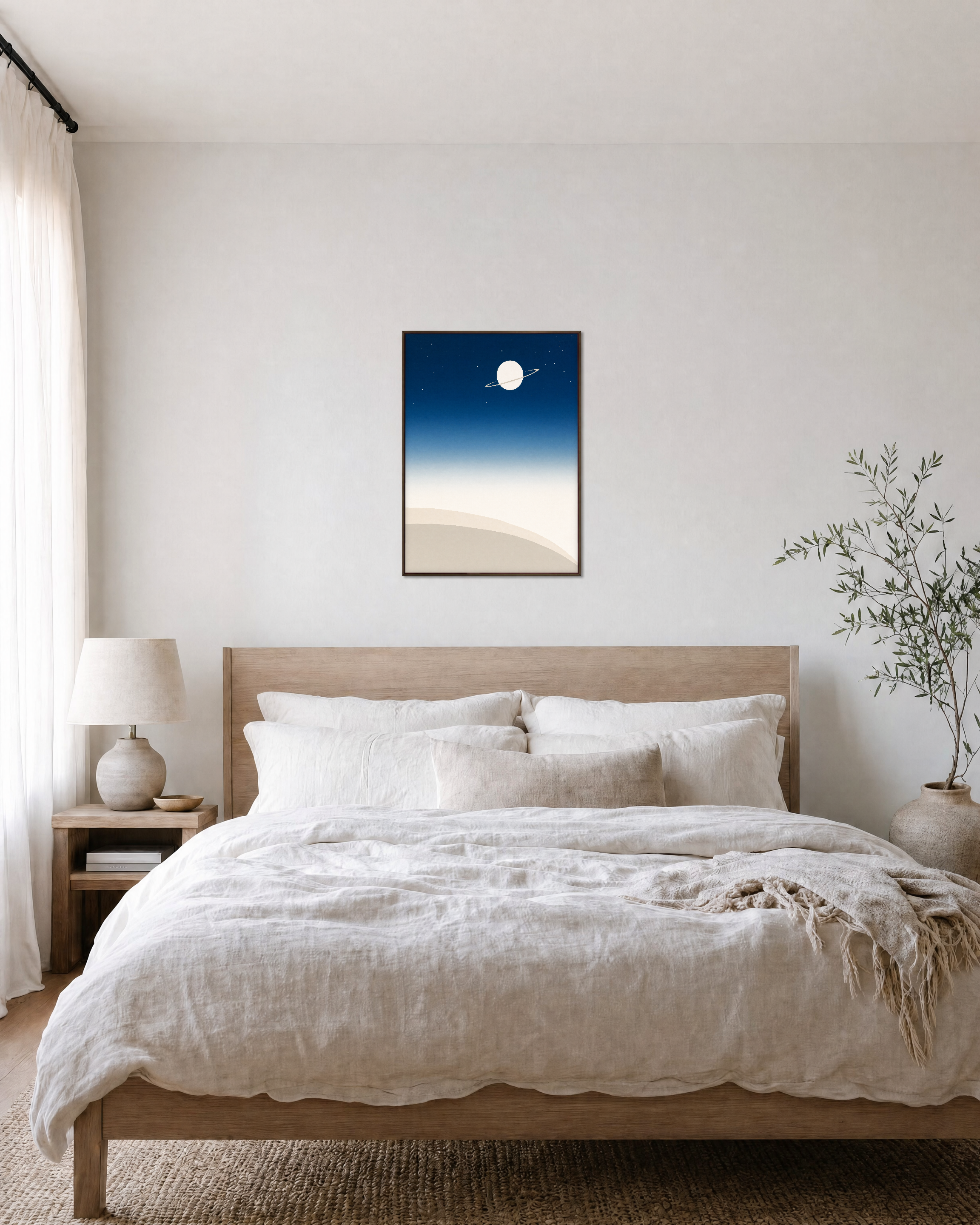 Night Horizon unframed print is shown framed for styling in a bedroom; frame not included