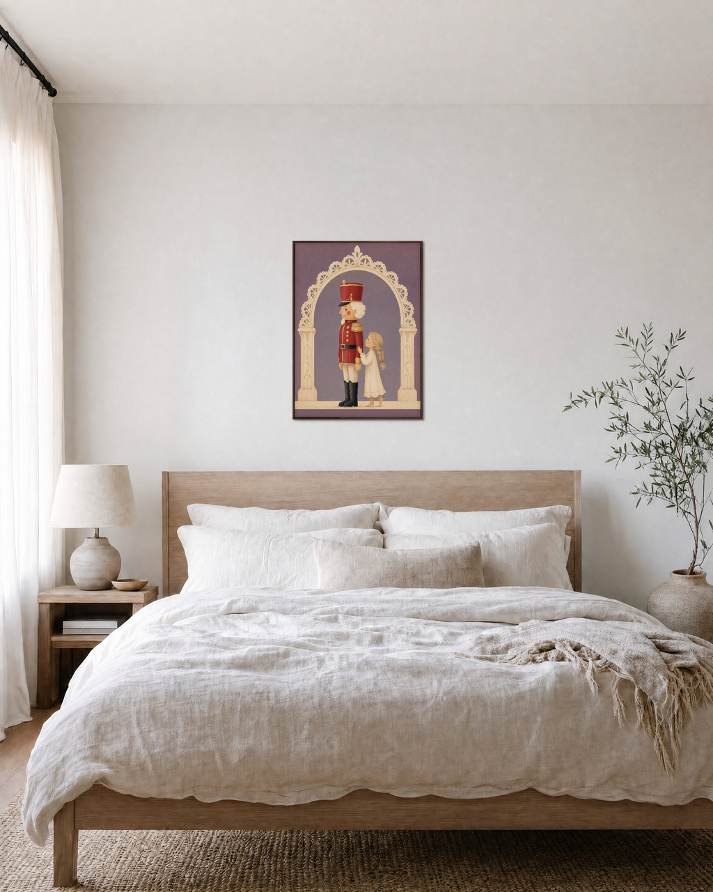 Nutcracker Night nutcracker girl print: unframed print is shown framed for styling in a bedroom; frame not included