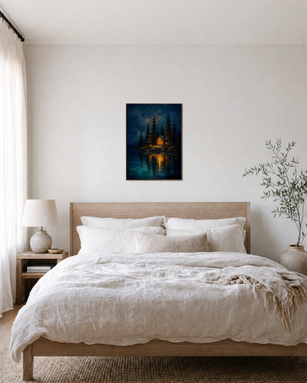 Cabin After Dark night lake cabin print: unframed print is shown framed for styling in a bedroom; frame not included