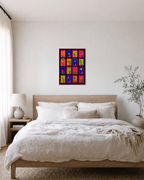 After Hours neon window grid print: unframed print is shown framed for styling in a bedroom; frame not included