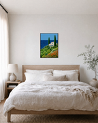 Cypress Villa villa flower bank wall art: unframed print is shown framed for styling in a bedroom; frame not included