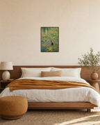 Pond Cat black cat art print: unframed print is shown framed for styling in a bedroom; frame not included