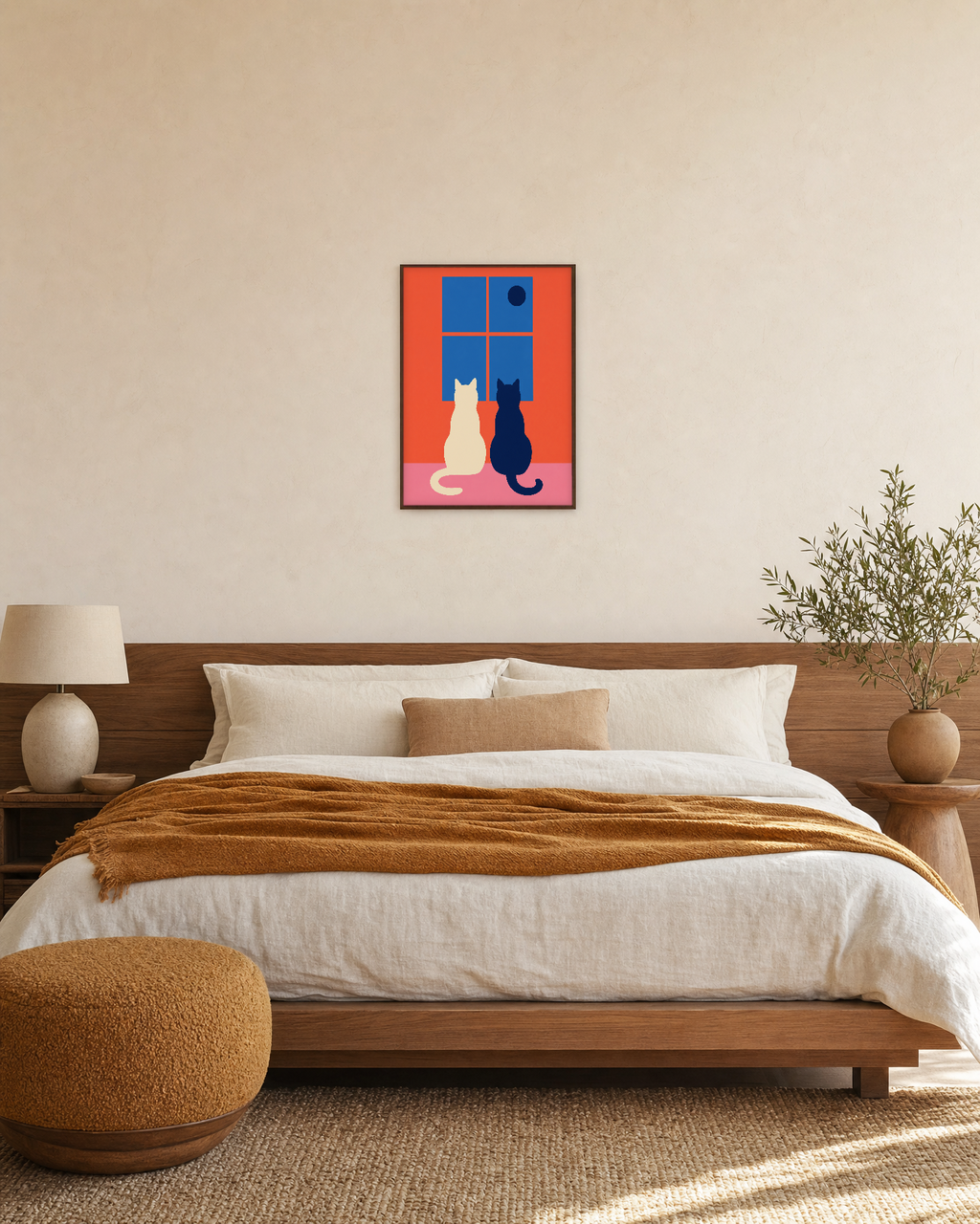 Night Cats moon cat art print: unframed print is shown framed for styling in a bedroom; frame not included