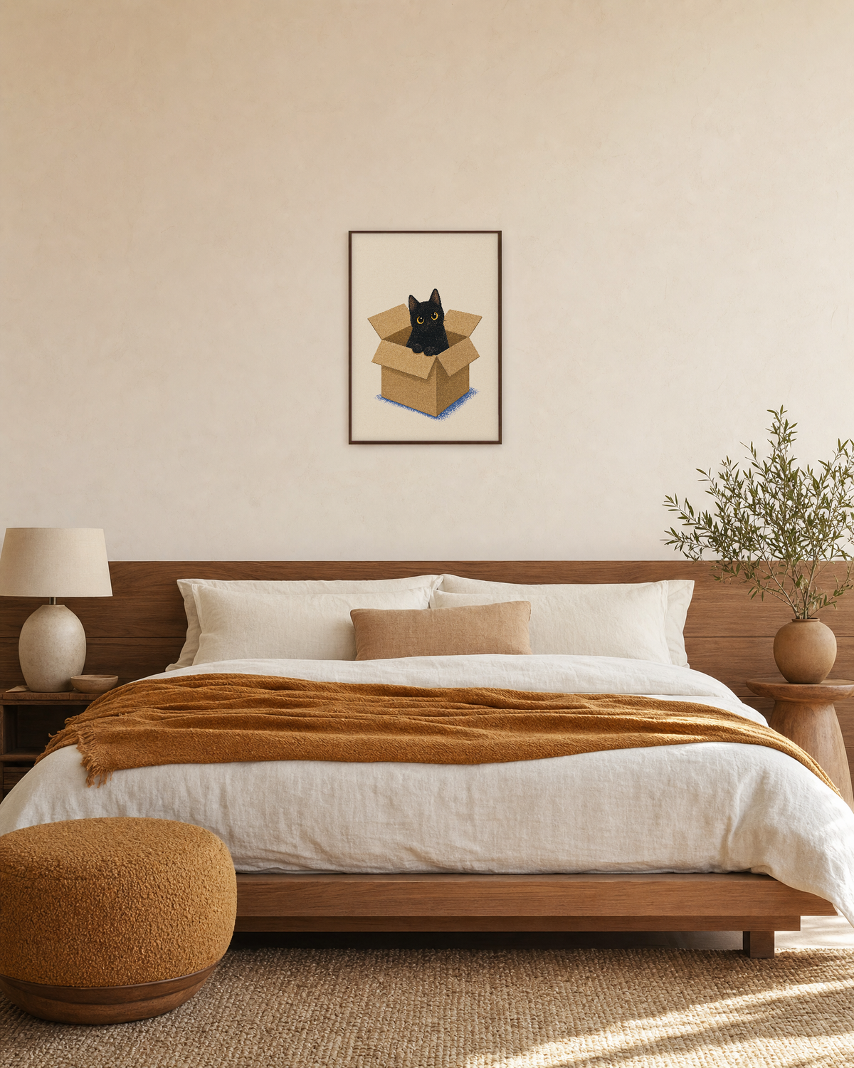 Black Cat in Shipping Box unframed print is shown framed for styling in a bedroom; frame not included