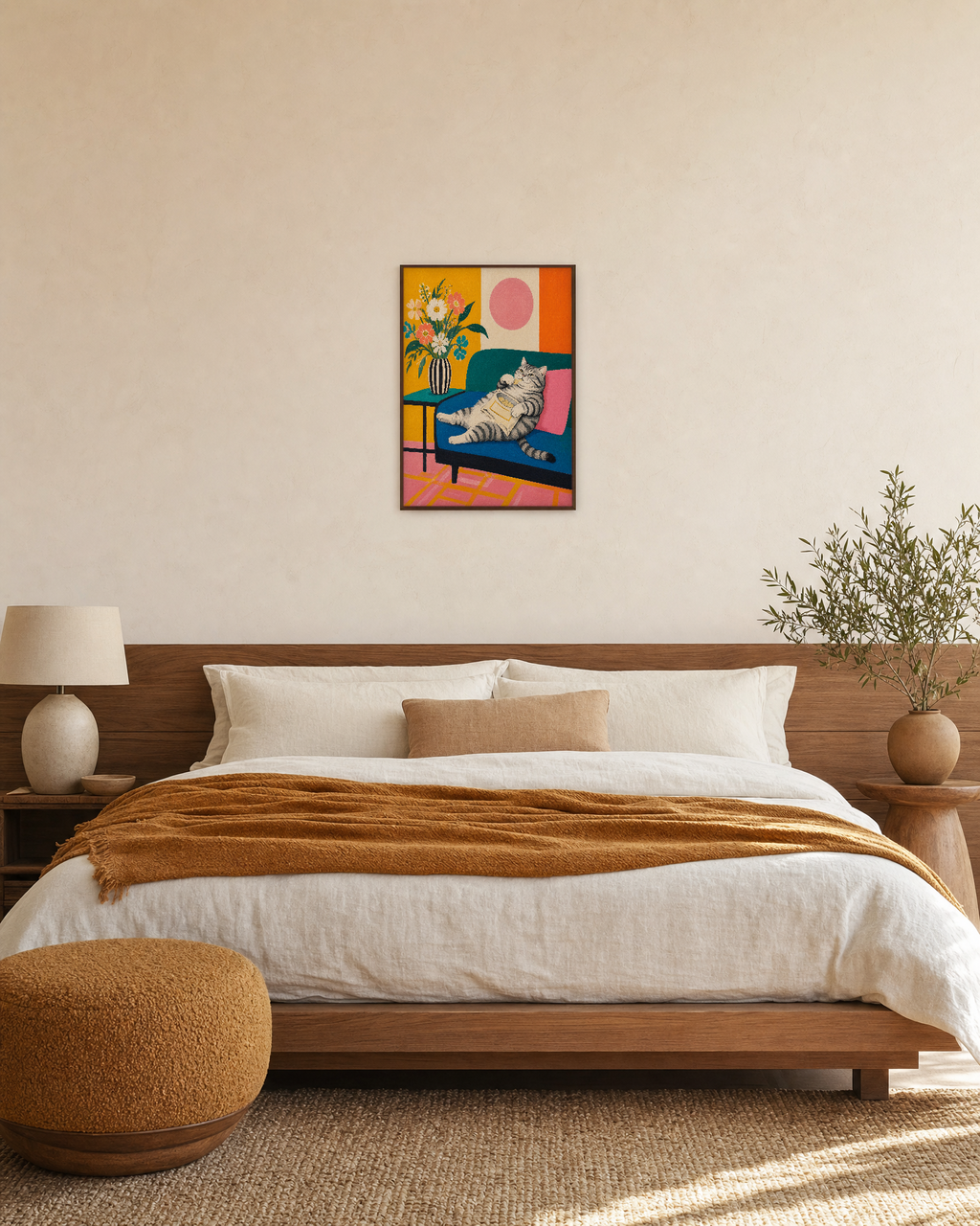 Snack Cat cat wall poster print: unframed print is shown framed for styling in a bedroom; frame not included