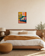 Snack Cat cat wall poster print: unframed print is shown framed for styling in a bedroom; frame not included