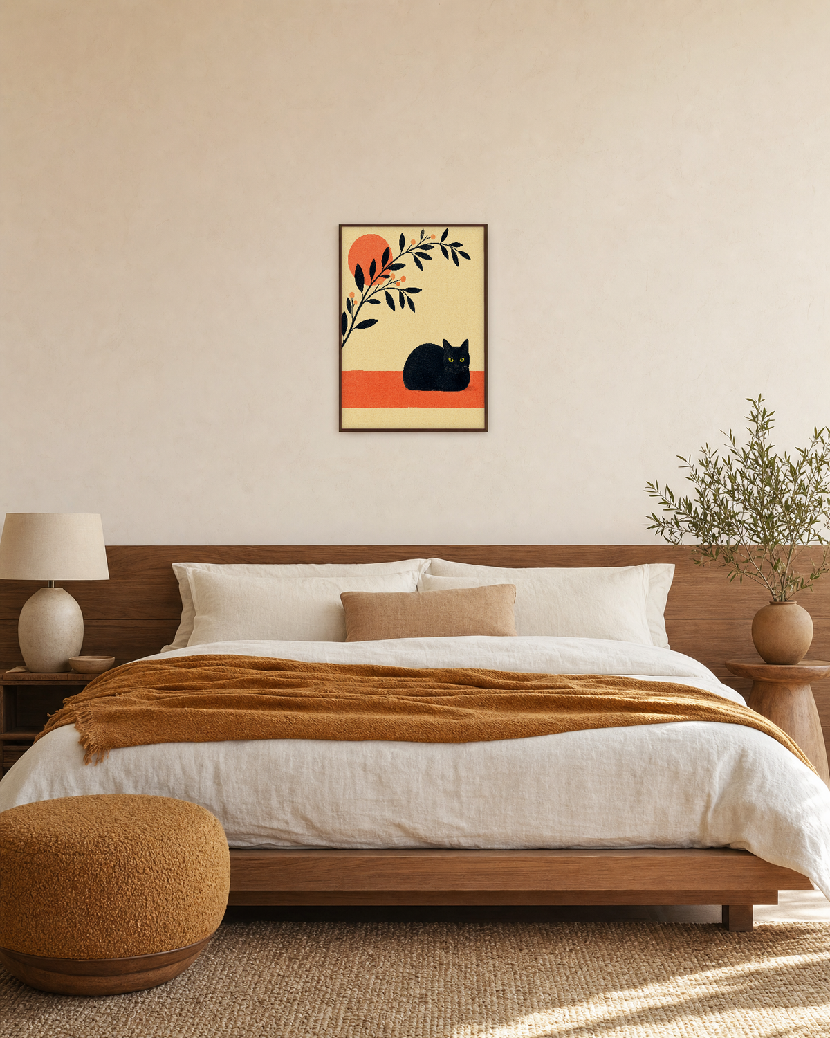One Loaf Coral Band unframed print is shown framed for styling in a bedroom; frame not included
