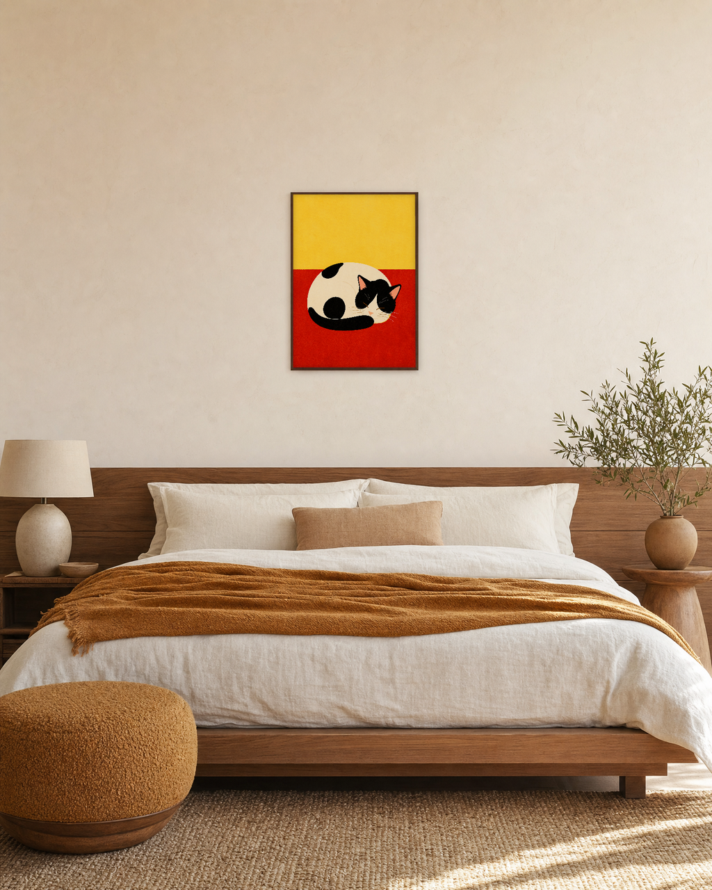 Nap Cat cat poster art print: unframed print is shown framed for styling in a bedroom; frame not included