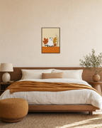 October Cat ghost cat wall art: unframed print is shown framed for styling in a bedroom; frame not included
