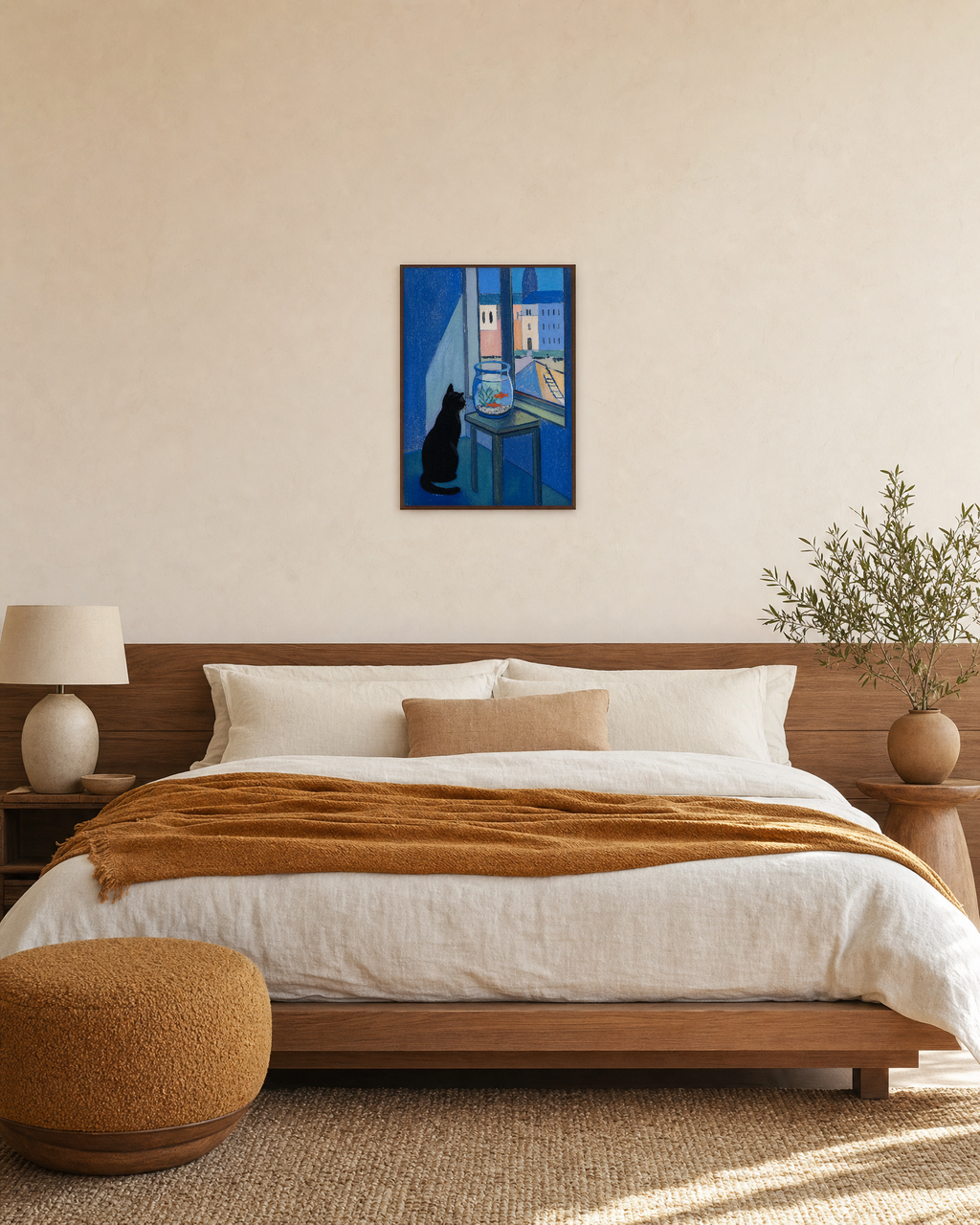 Patient Cat black cat poster art print: unframed print is shown framed for styling in a bedroom; frame not included