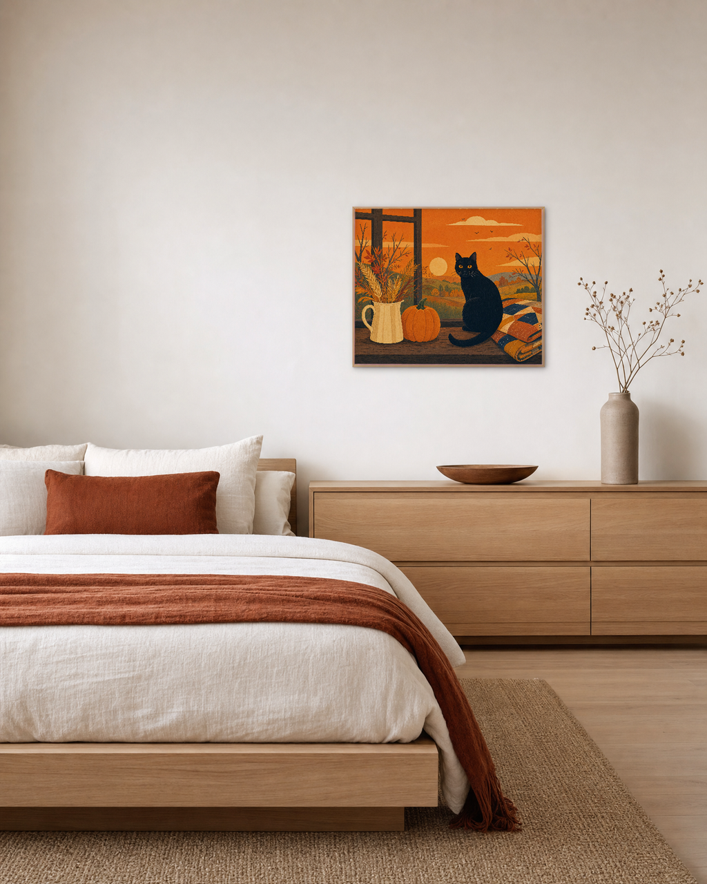 Black Cat Autumn Window unframed print is shown framed for styling in a bedroom; frame not included