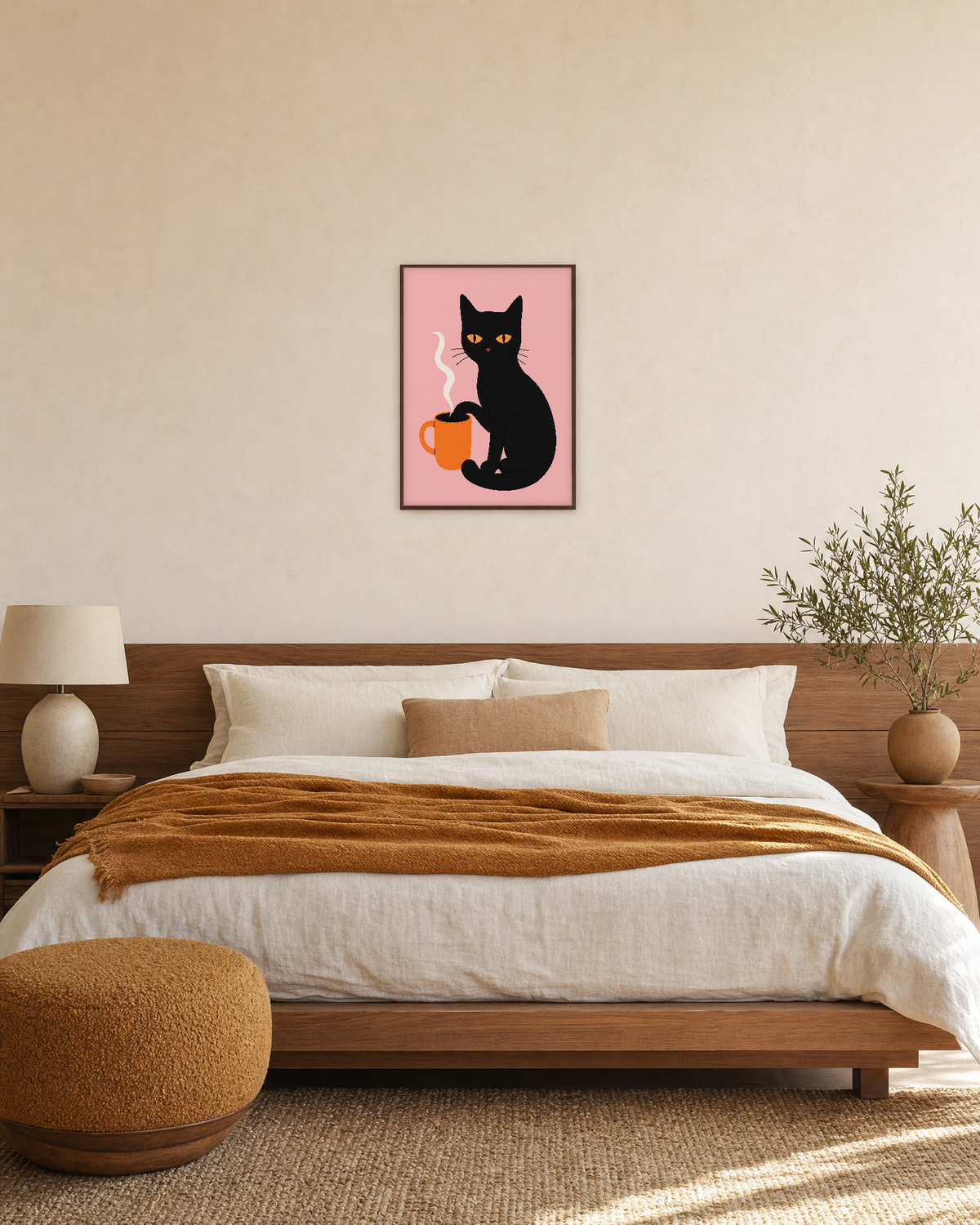 Coffee Cat cat art prints: unframed print is shown framed for styling in a bedroom; frame not included