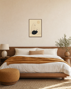Moon Cat two ghost cat wall art: unframed print is shown framed for styling in a bedroom; frame not included