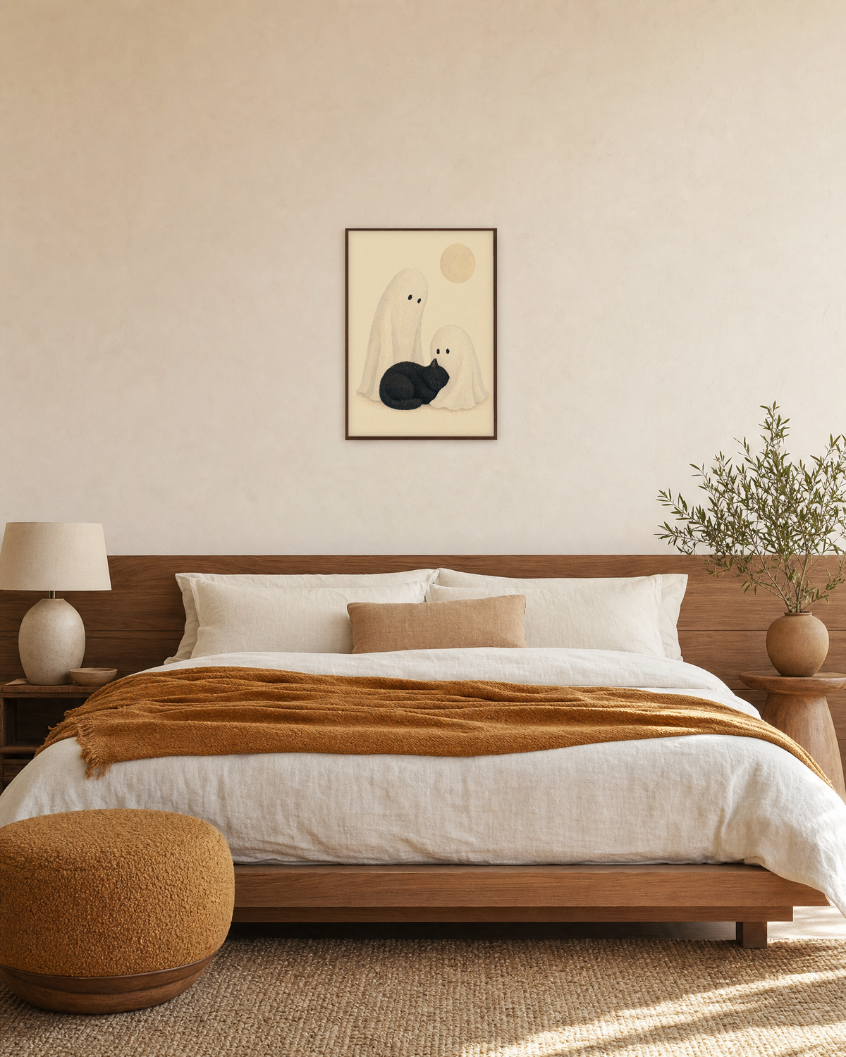 Moon Cat two ghost cat wall art: unframed print is shown framed for styling in a bedroom; frame not included