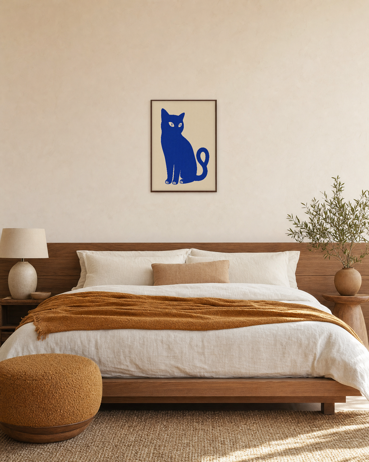 Idle Cat blue cat wall art: unframed print is shown framed for styling in a bedroom; frame not included