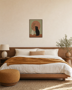 Vase Cat black cat posters print: unframed print is shown framed for styling in a bedroom; frame not included