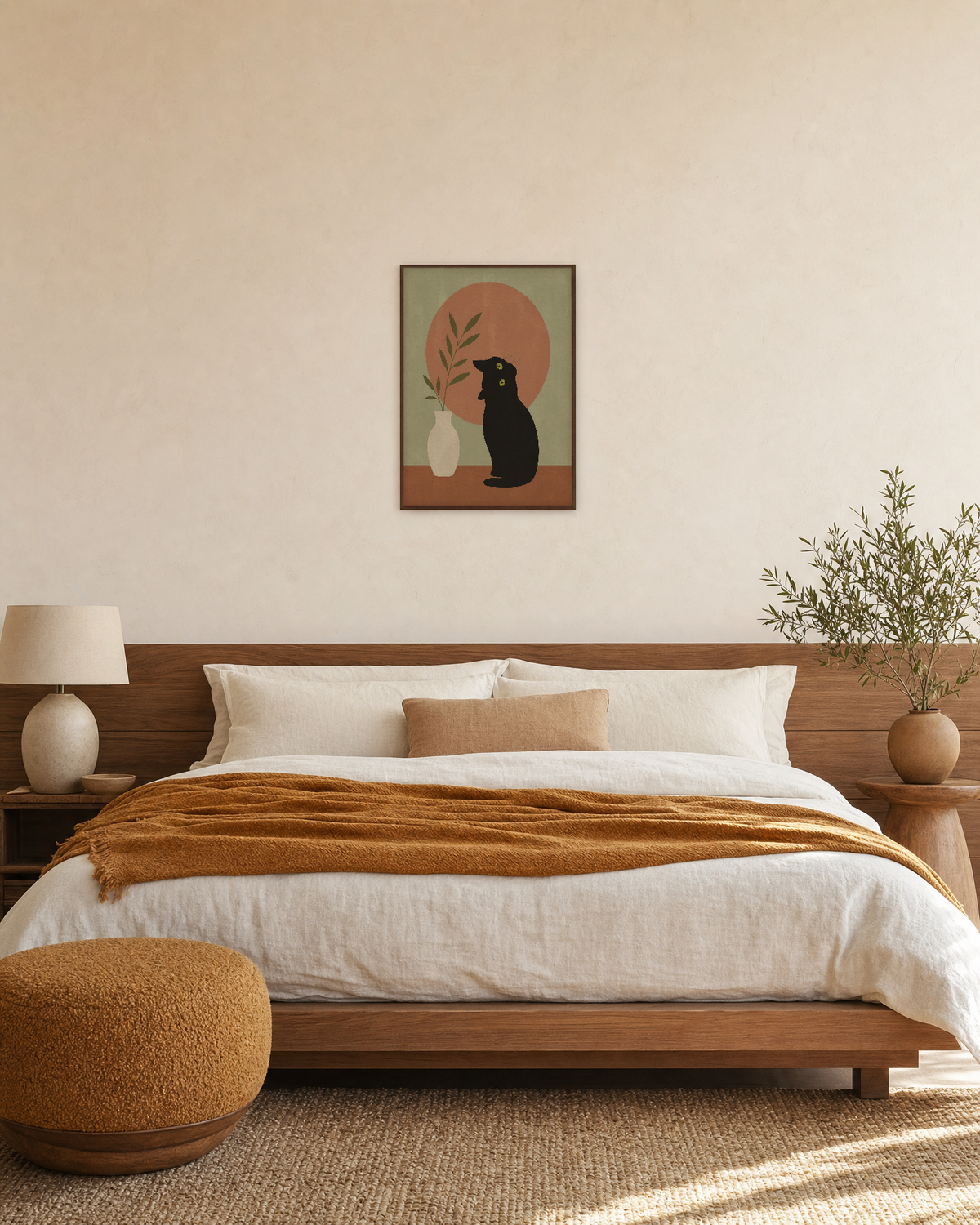 Vase Cat black cat posters print: unframed print is shown framed for styling in a bedroom; frame not included