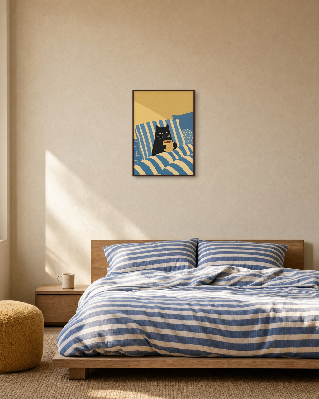 Black Cat Morning Mug unframed print is shown framed for styling in a morning bedroom; frame not included