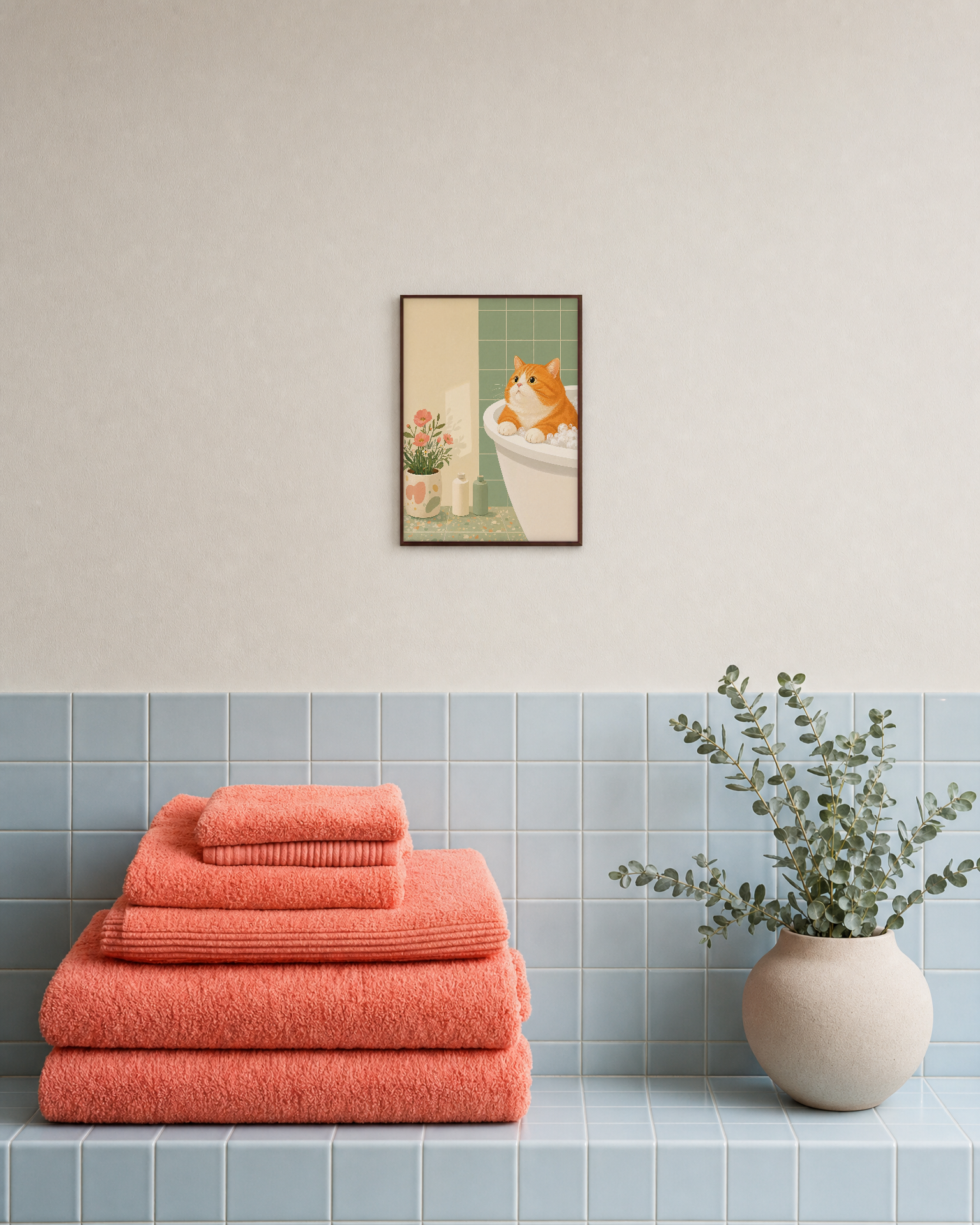 Orange Cat Tub unframed print is shown framed for styling in a spa bathroom; frame not included