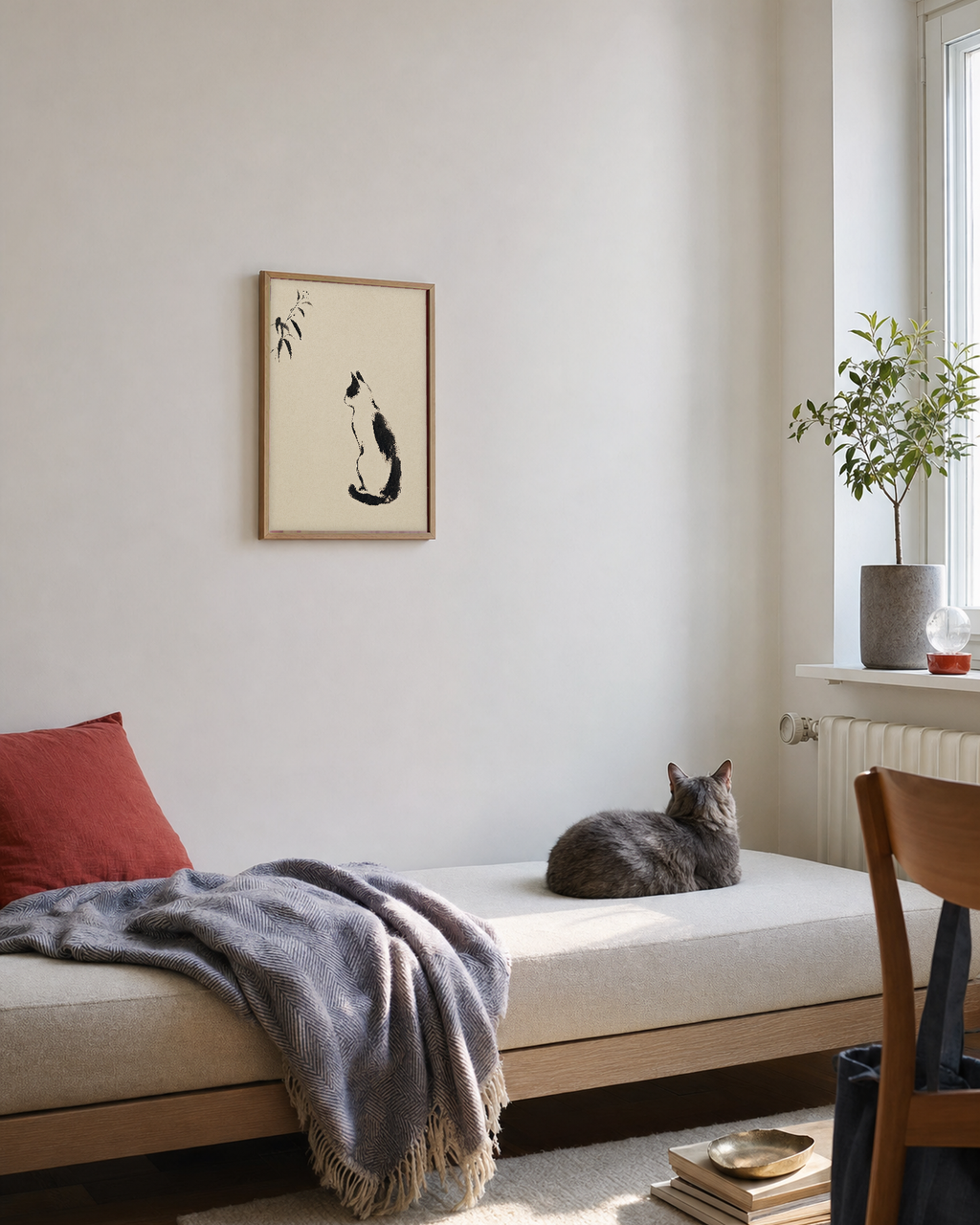 Ink Sitting Cat unframed print is shown framed for styling in a bedroom reading corner; frame not included