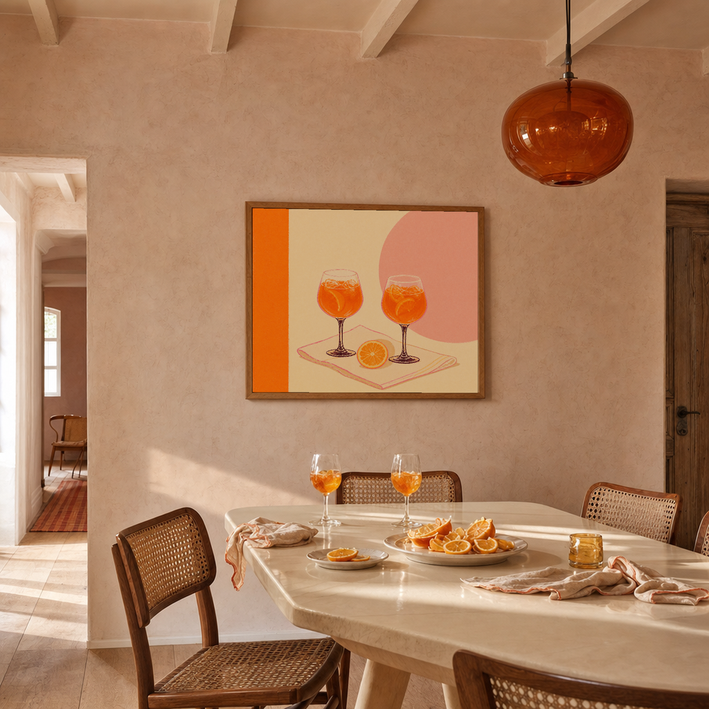 Spritz Pair spritz glass wall art: unframed print is shown framed for styling in a blush plaster dining room; frame not included