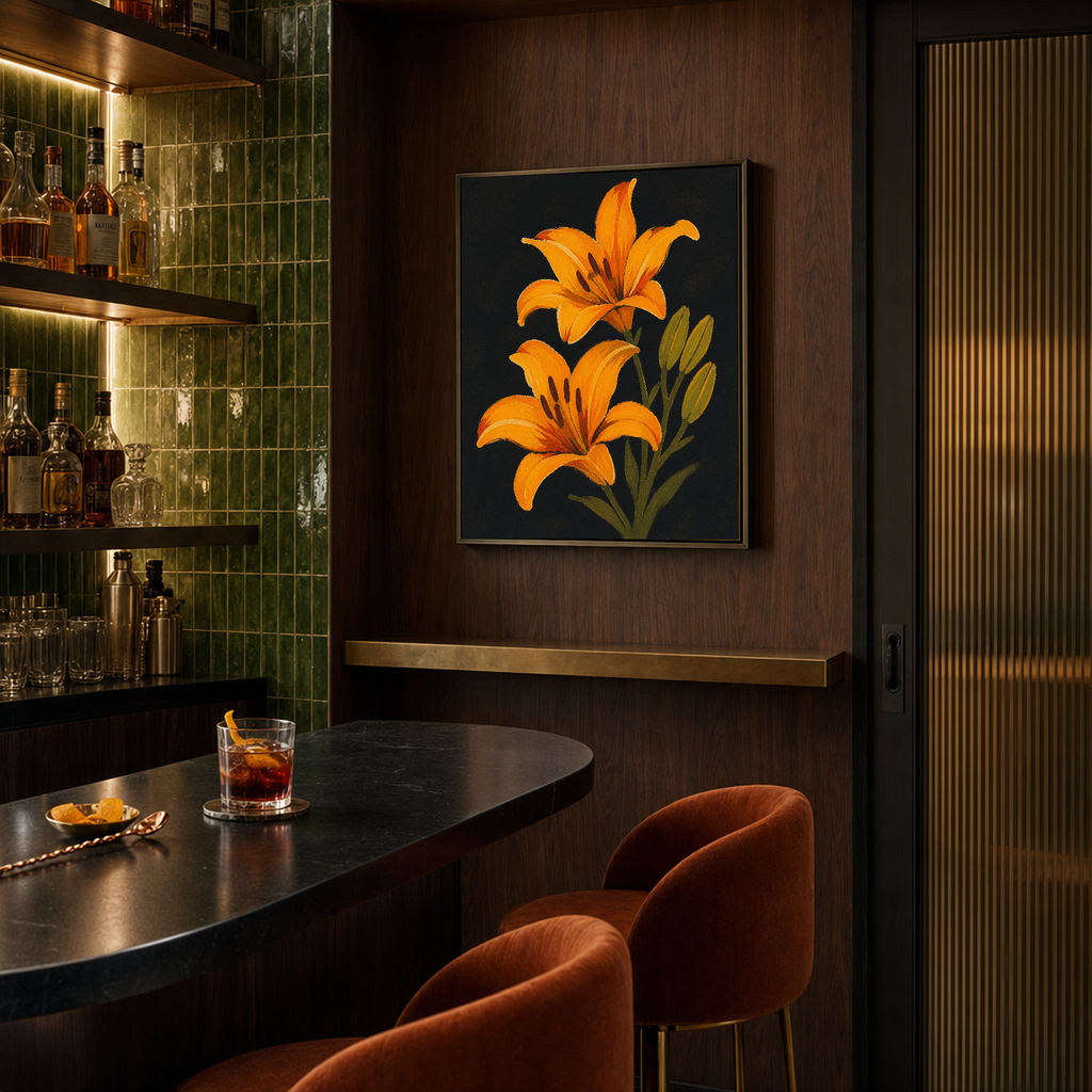 Night Lilies orange lily wall art: unframed print is shown framed for styling in a compact residential cocktail bar; frame not included