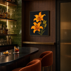 Night Lilies orange lily wall art: unframed print is shown framed for styling in a compact residential cocktail bar; frame not included