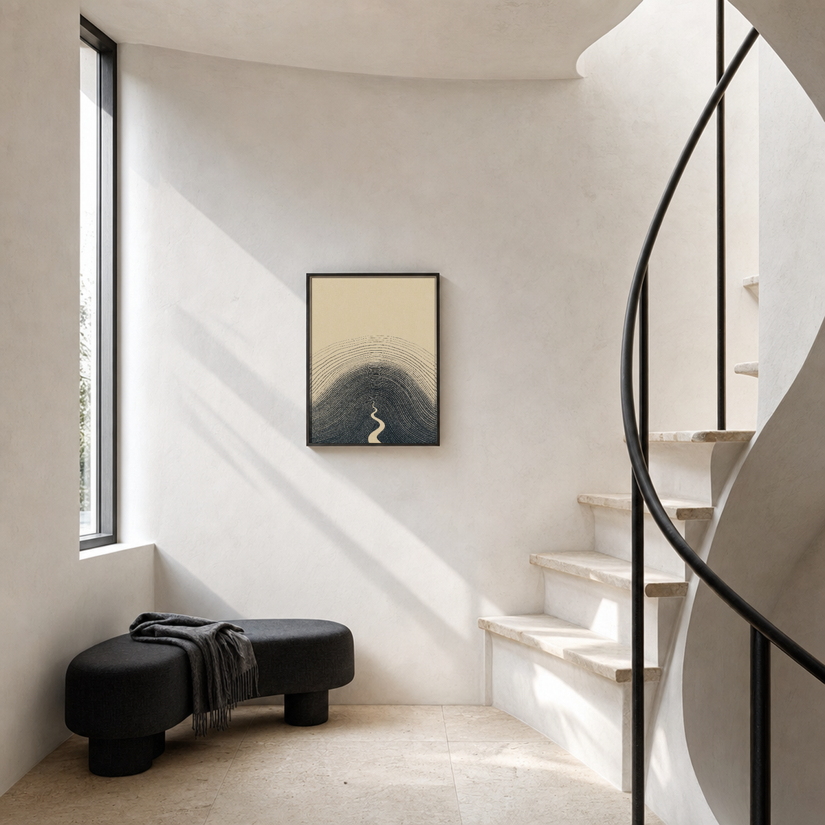 Charcoal Hill Rings from Path topographic line print: unframed print is shown framed for styling in a curved plaster stair landing; frame not included
