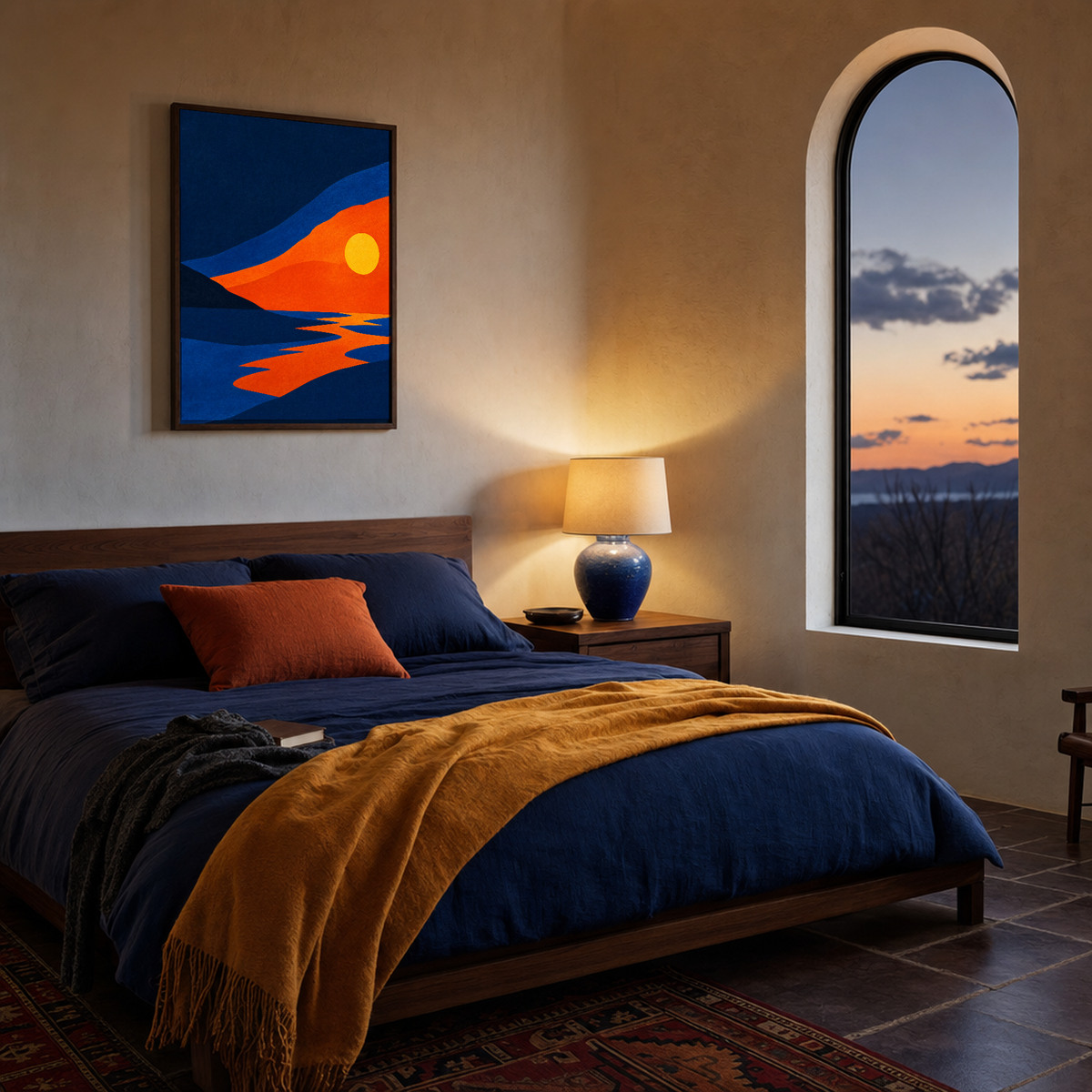 Dark Land Wedge at Sunset abstract sunset wall art: unframed print is shown framed for styling in a desert modern guest bedroom; frame not included