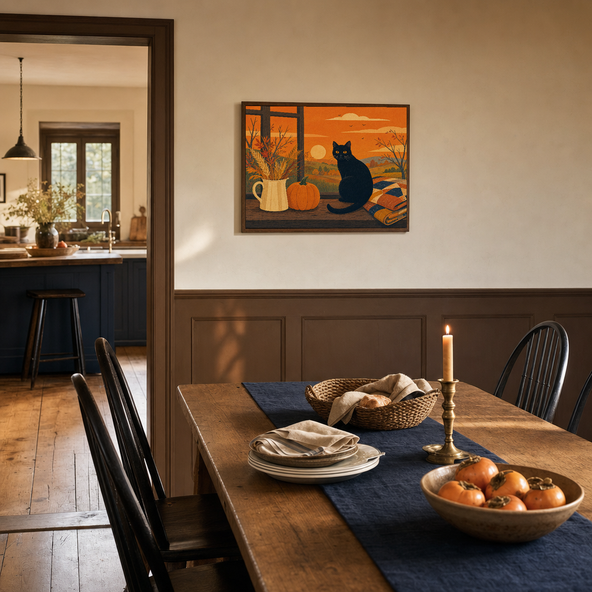 October Cat autumn cat print: unframed print is shown framed for styling in a harvest brown wainscot dining room; frame not included