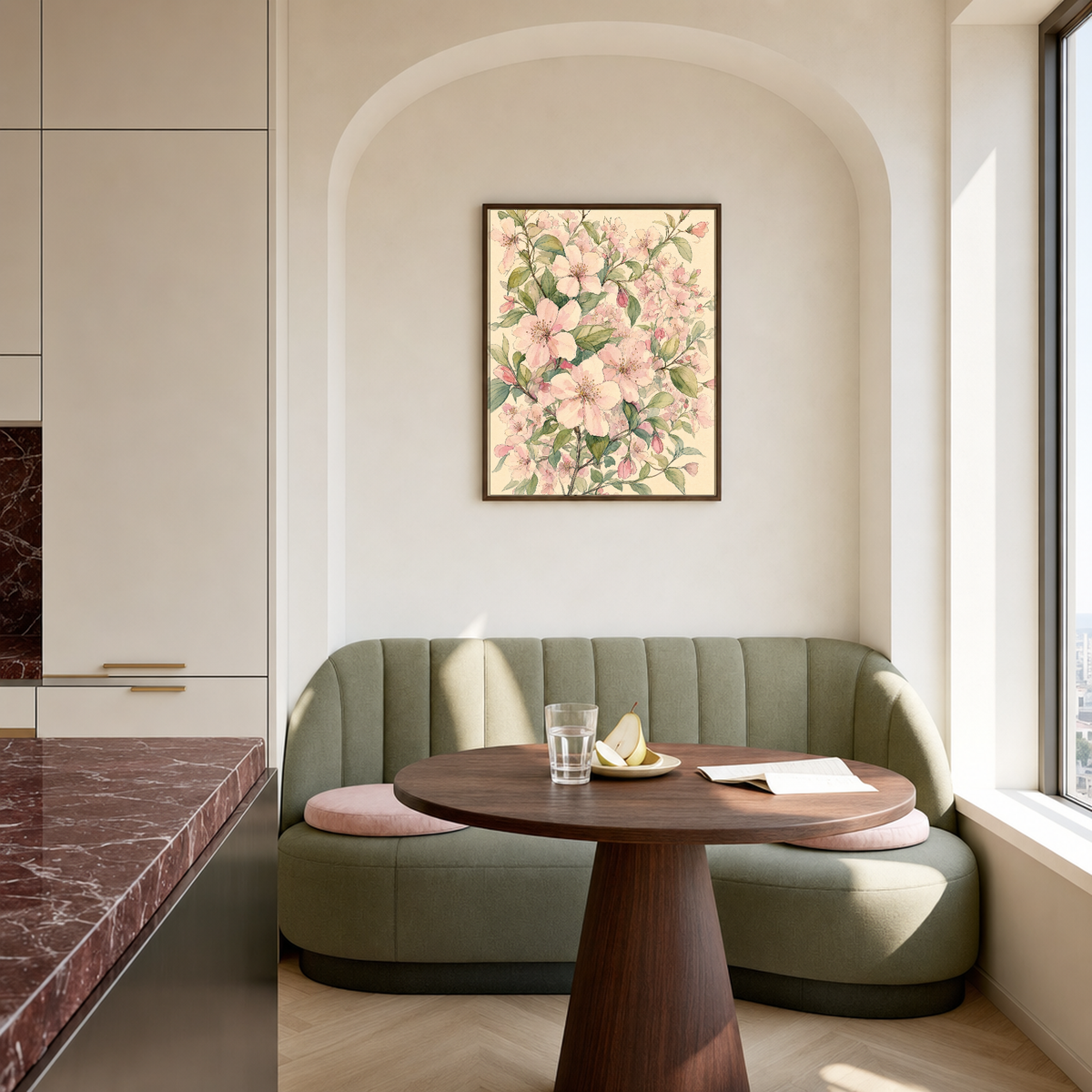 Blossom Spray pale blossom wall art: unframed print is shown framed for styling in a modern kitchen banquette; frame not included