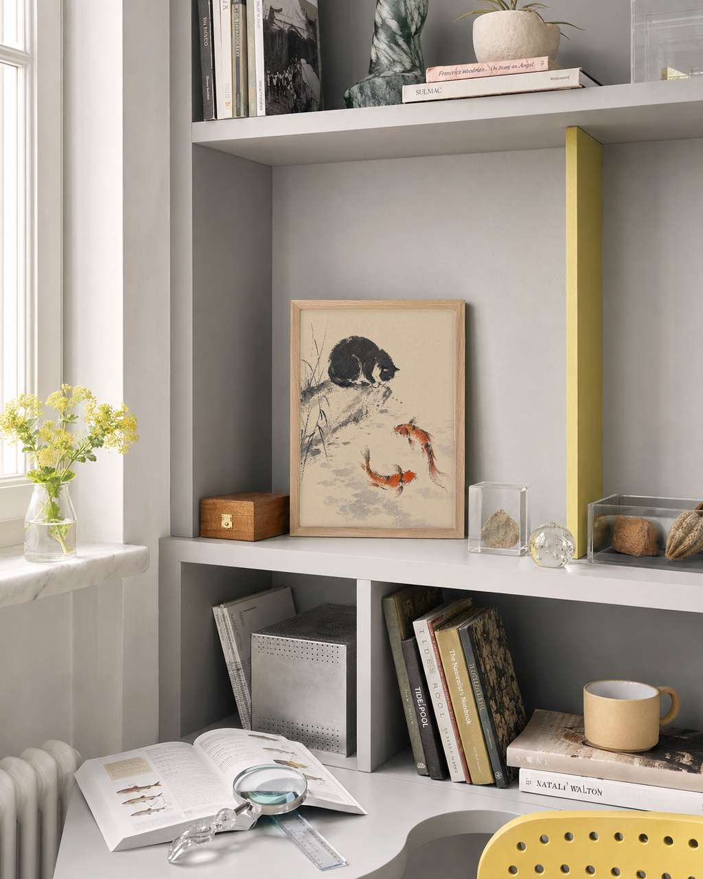 Ink Cat and Koi unframed print is shown framed for styling in a panelled study; frame not included