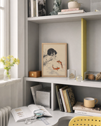 Ink Cat and Koi unframed print is shown framed for styling in a panelled study; frame not included
