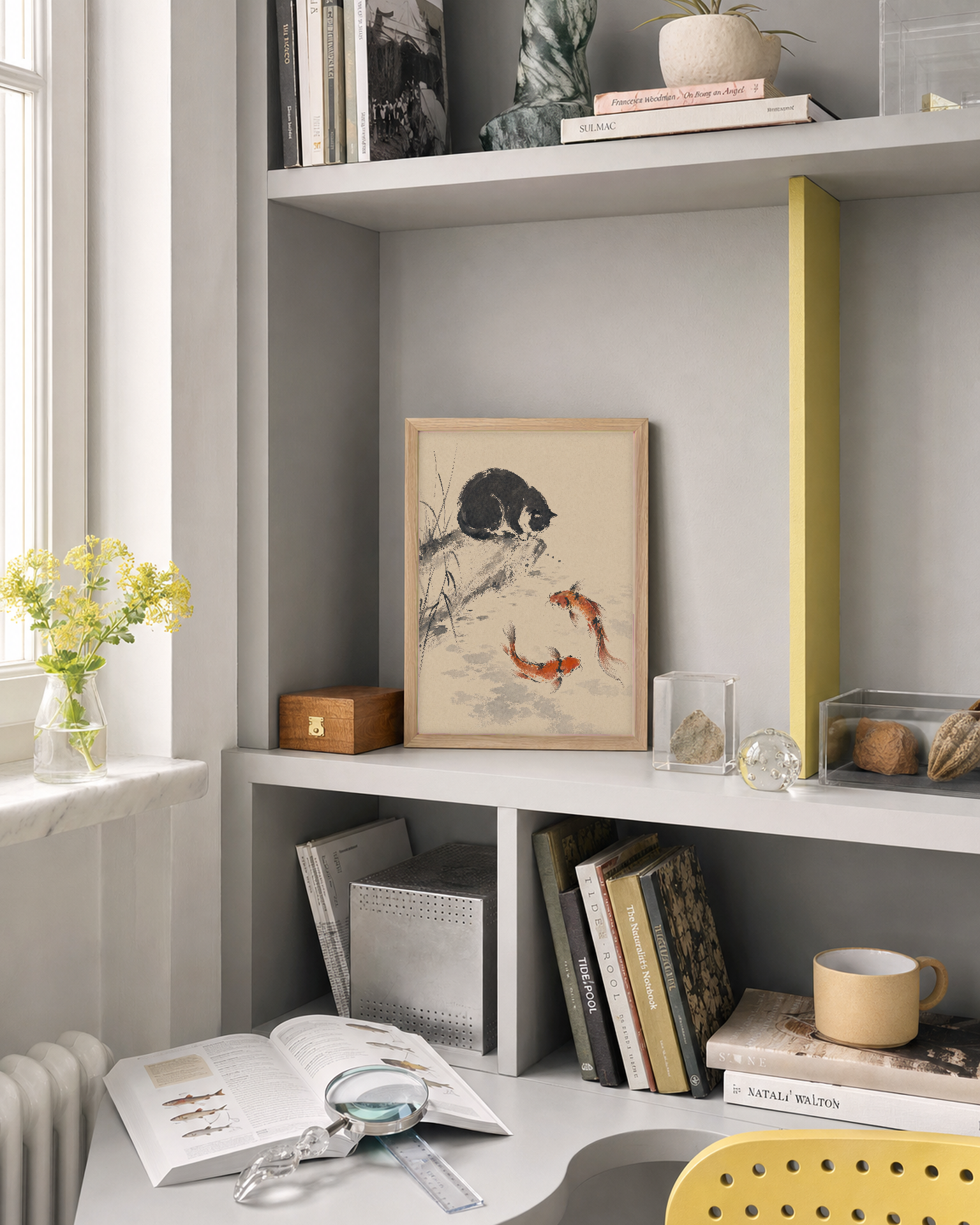 Ink Cat and Koi unframed print is shown framed for styling in a panelled study; frame not included