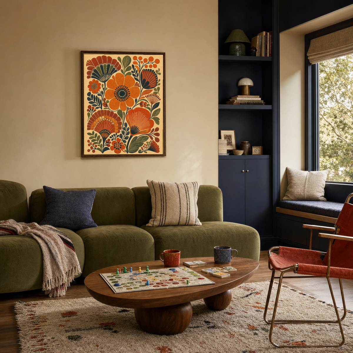 The Garden Fan burnt orange folk flower wall art: unframed print is shown framed for styling in a playful apartment den; frame not included