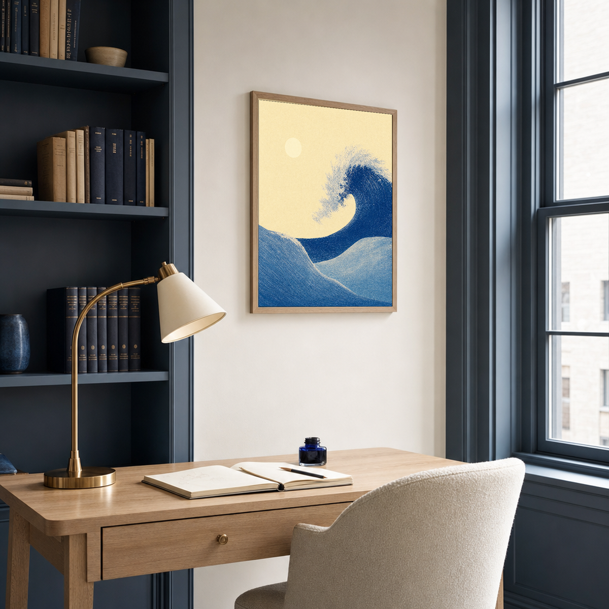 Indigo Wave and Cream Sun abstract wave wall art: unframed print is shown framed for styling in a steel blue writing study; frame not included