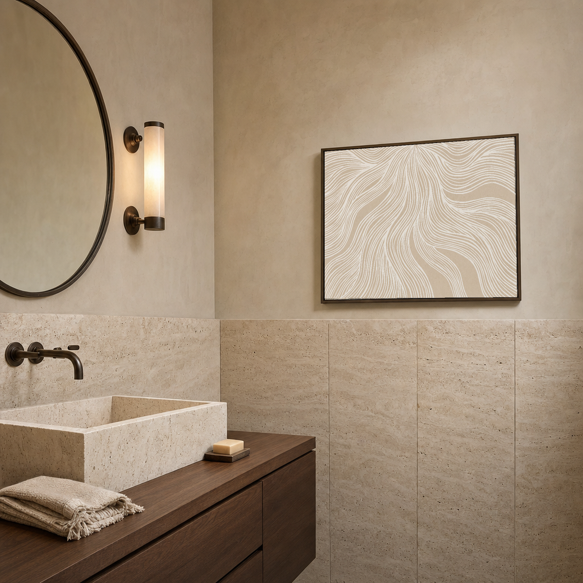 Cream Veins Across Beige Field beige line art print: unframed print is shown framed for styling in a travertine powder room; frame not included