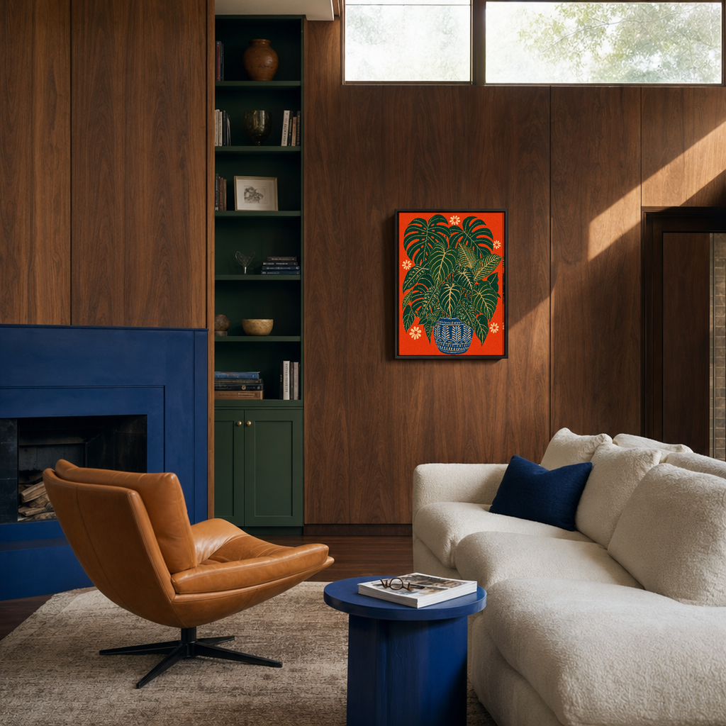 Potted Fans blue pot leaf wall art: unframed print is shown framed for styling in a walnut panelled den; frame not included